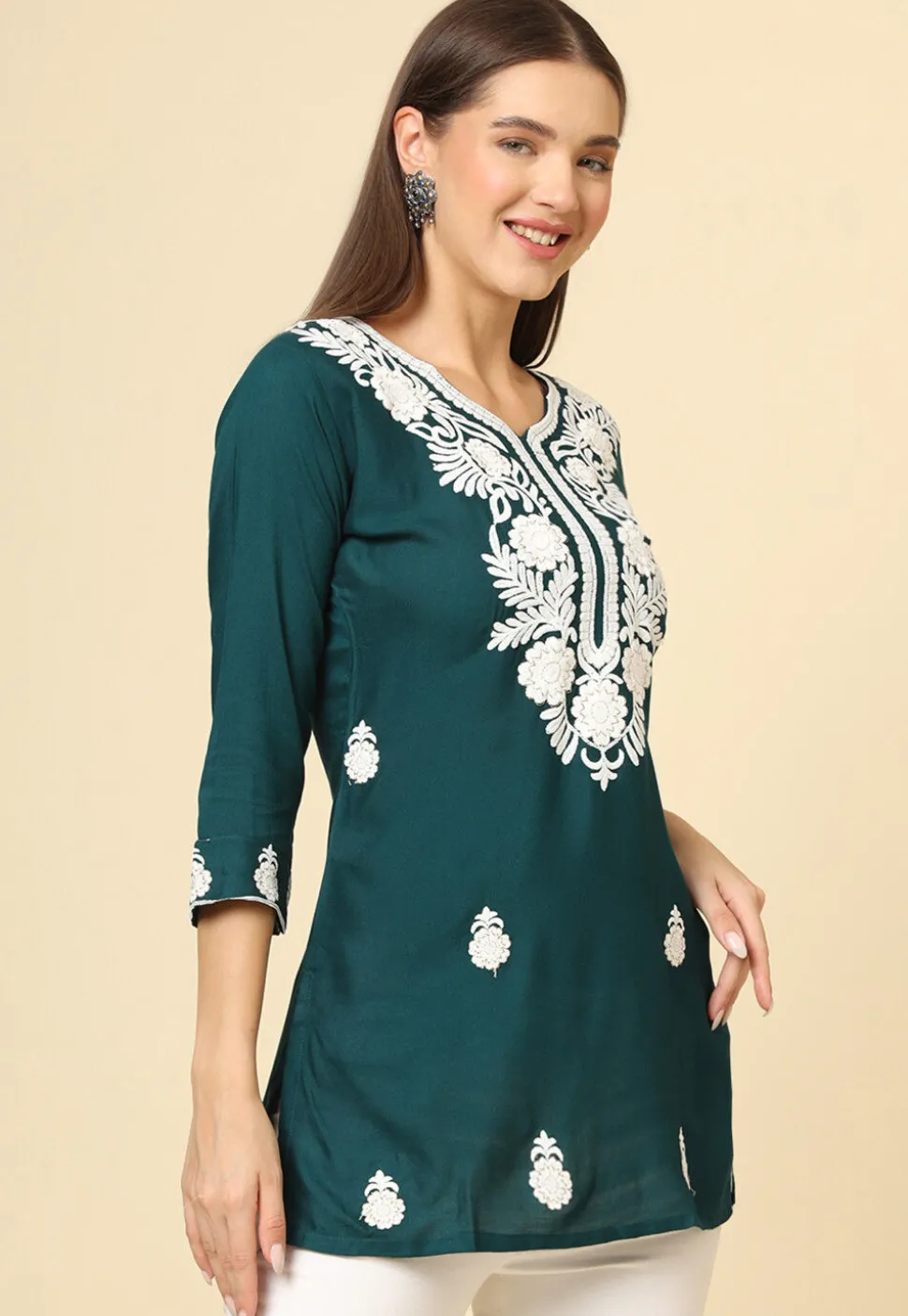 Embroidered Rayon Kurti in Teal Green