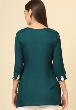 Embroidered Rayon Kurti in Teal Green