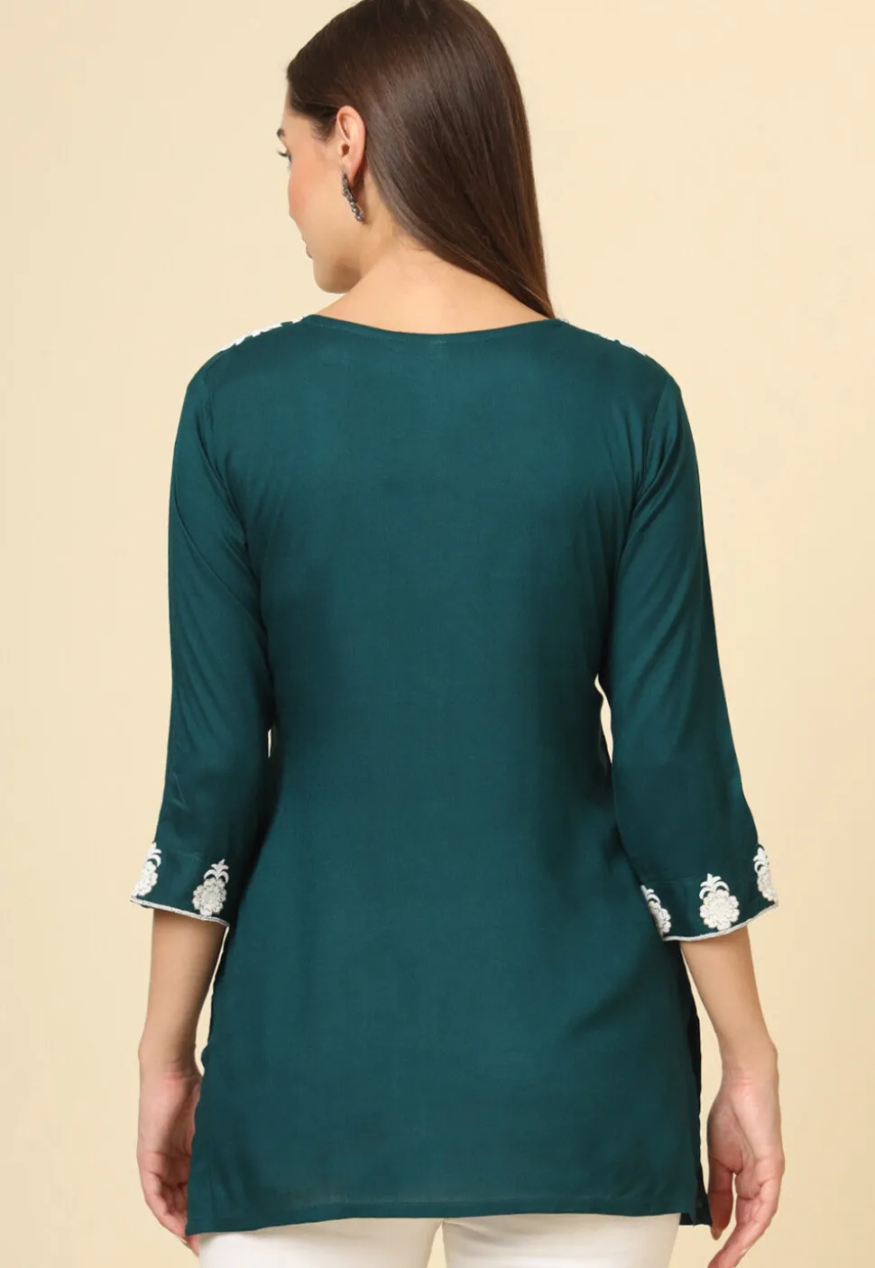 Embroidered Rayon Kurti in Teal Green