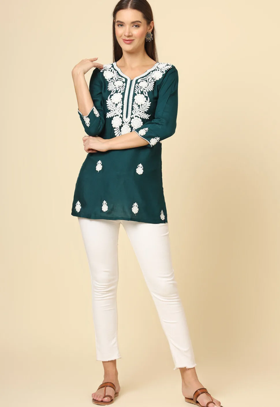 Embroidered Rayon Kurti in Teal Green