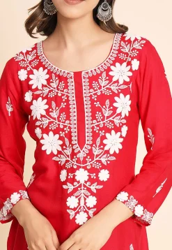 Embroidered Rayon Kurti in Red