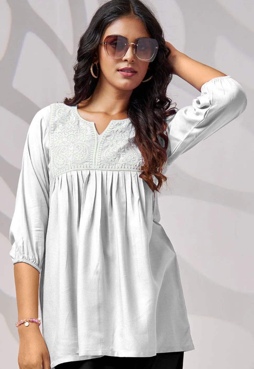 Embroidered Rayon Kurti in Off White