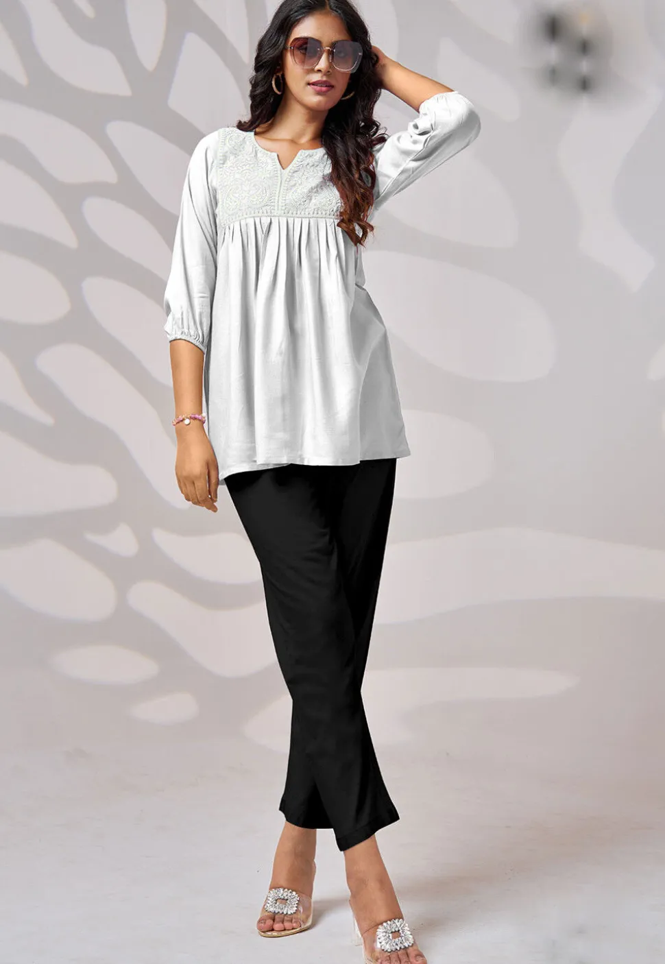 Embroidered Rayon Kurti in Off White