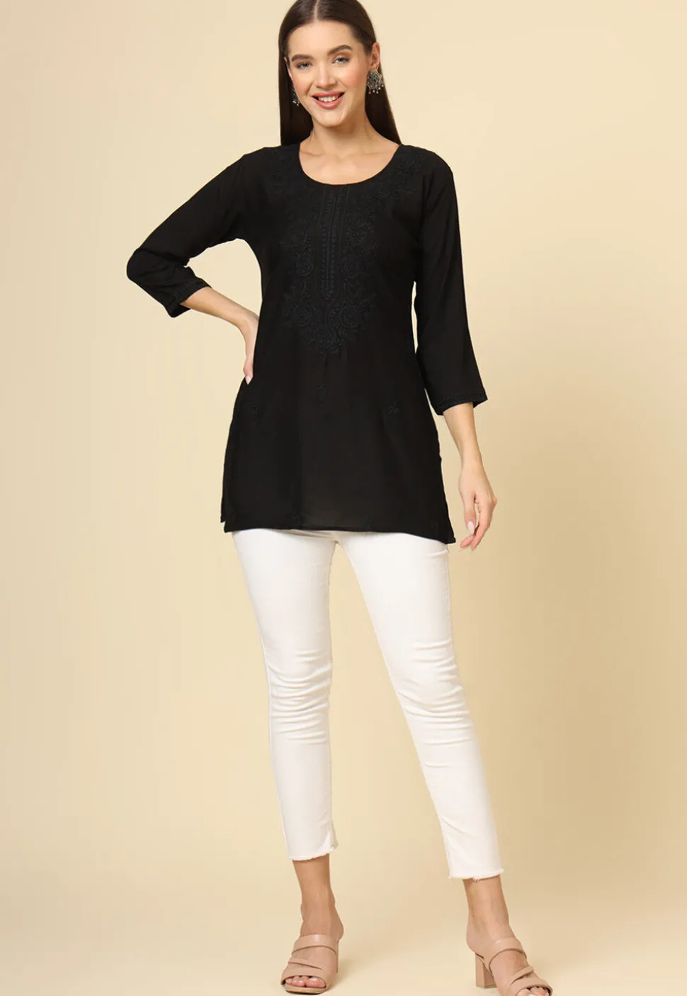 Embroidered Rayon Kurti in Black