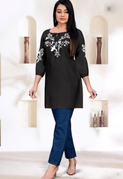 Embroidered Rayon Kurti in Black