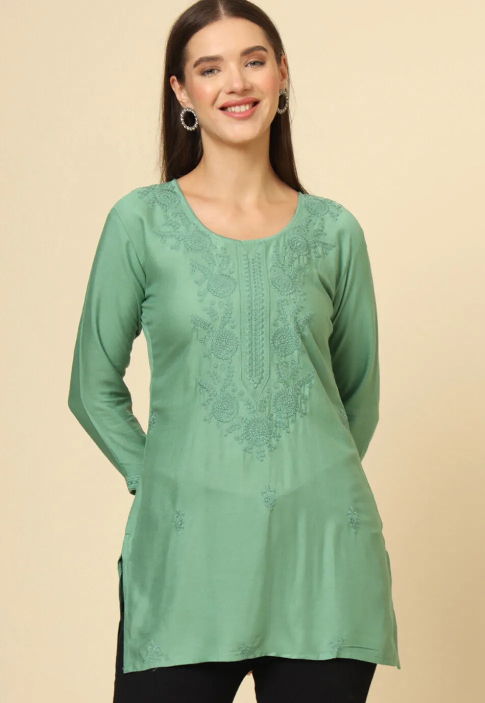 Embroidered Rayon Kurti in Dusty Green