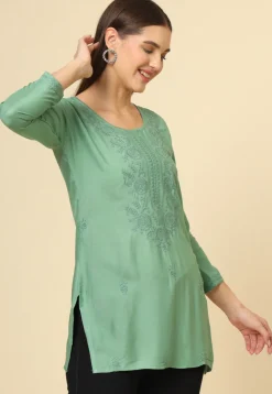 Embroidered Rayon Kurti in Dusty Green