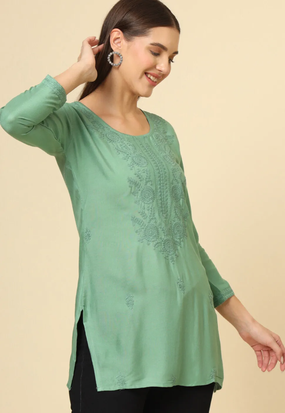 Embroidered Rayon Kurti in Dusty Green
