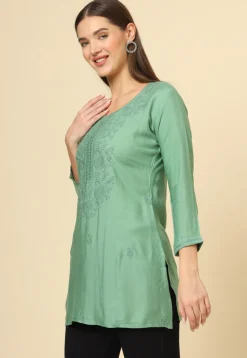 Embroidered Rayon Kurti in Dusty Green