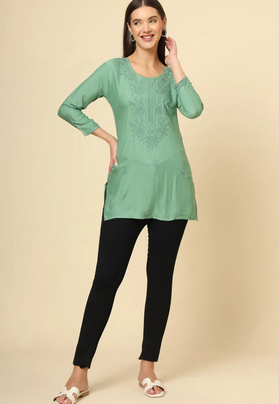 Embroidered Rayon Kurti in Dusty Green