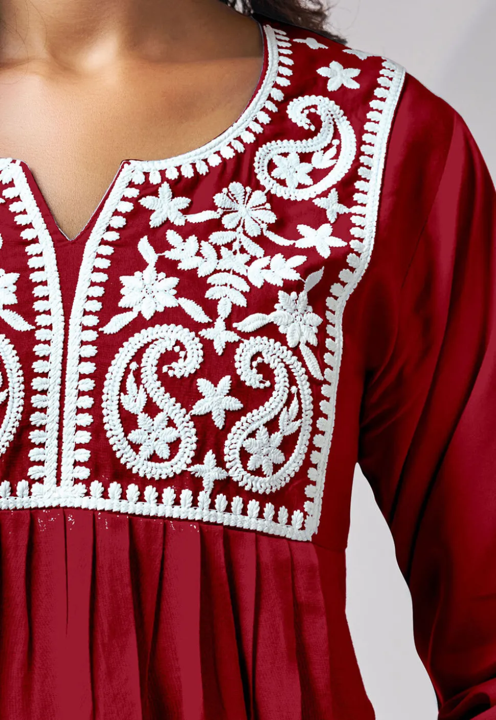 Embroidered Rayon Kurti in Red