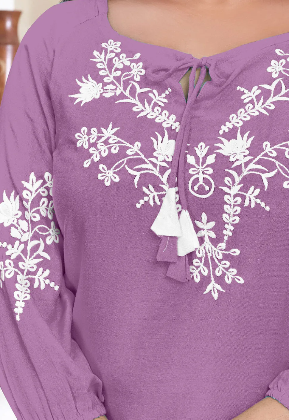 Embroidered Rayon Kurti in Purple
