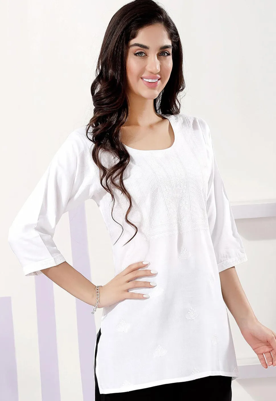 Embroidered Rayon Kurti in Off White