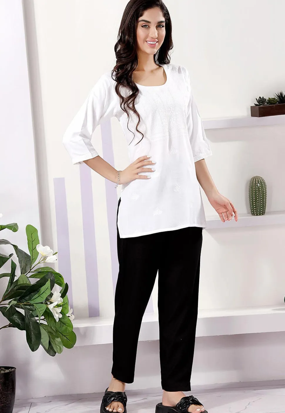 Embroidered Rayon Kurti in Off White