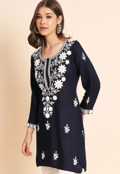 Embroidered Rayon Kurti in Navy Blue