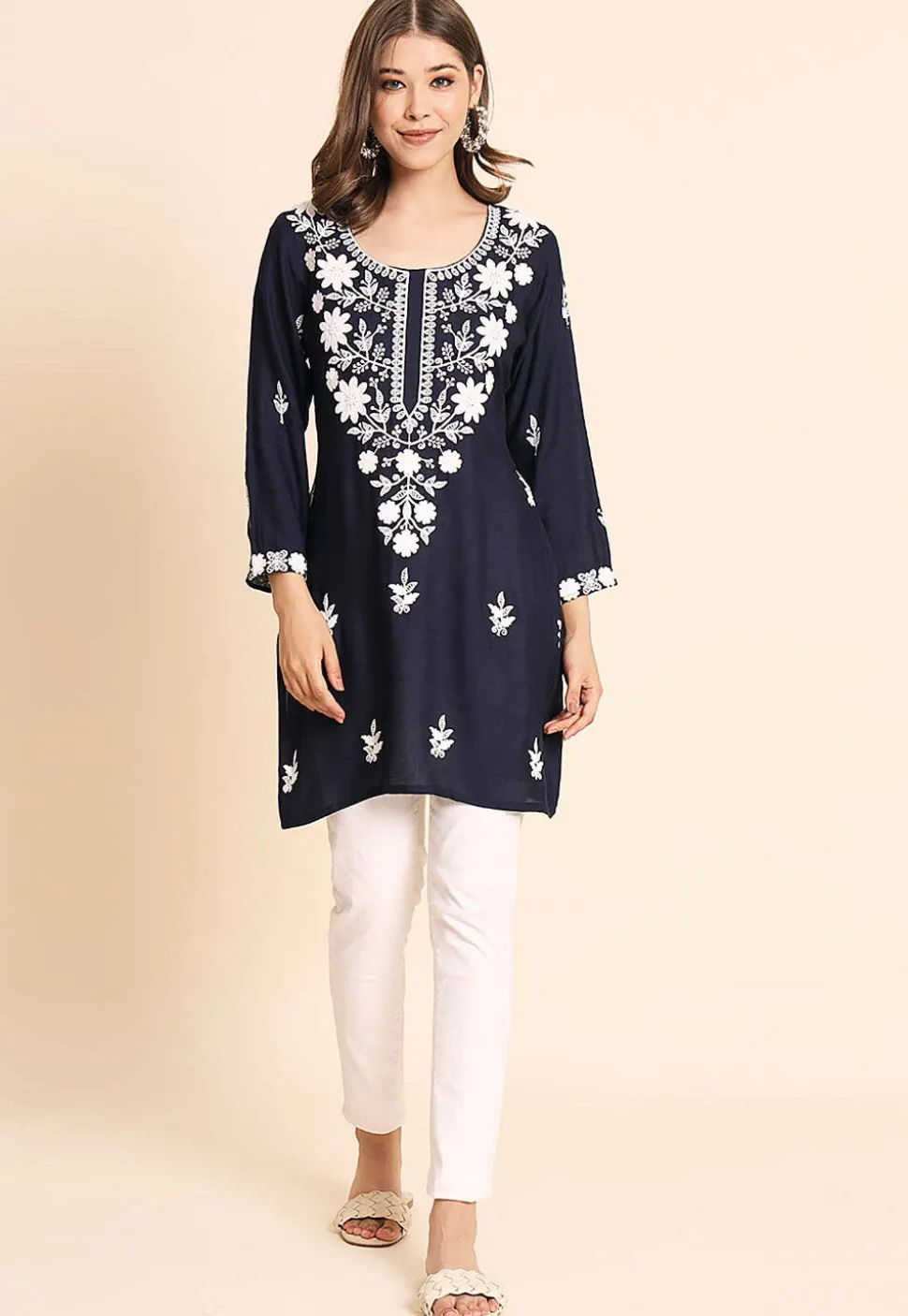 Embroidered Rayon Kurti in Navy Blue