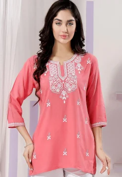 Embroidered Rayon Kurti in Pink