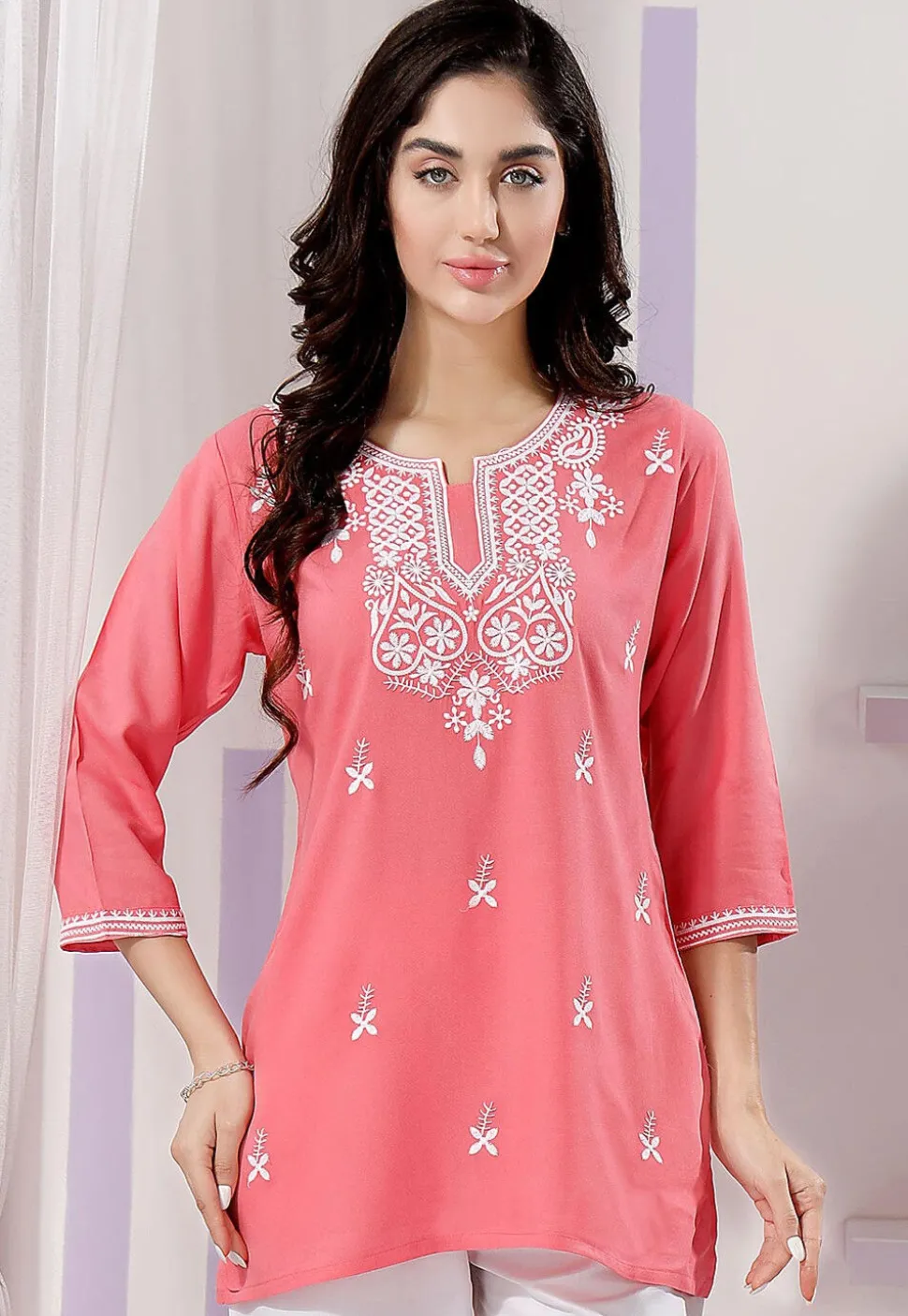 Embroidered Rayon Kurti in Pink