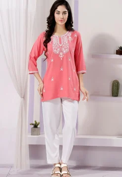 Embroidered Rayon Kurti in Pink