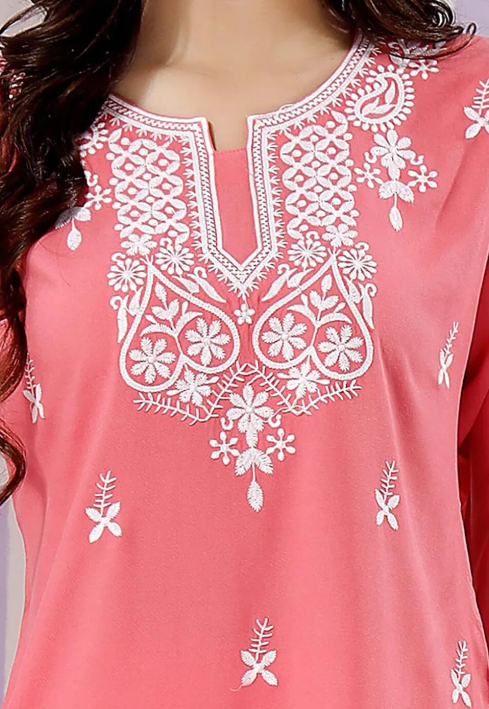 Embroidered Rayon Kurti in Pink