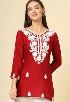 Embroidered Rayon Kurti in Red