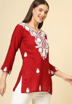 Embroidered Rayon Kurti in Red