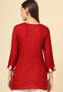 Embroidered Rayon Kurti in Red