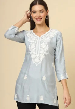 Embroidered Rayon Kurti in Grey