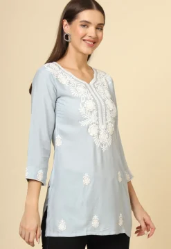 Embroidered Rayon Kurti in Grey