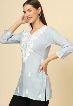 Embroidered Rayon Kurti in Grey
