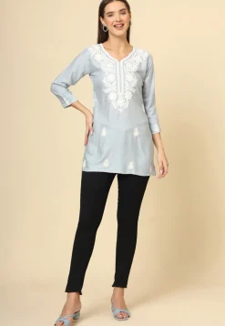 Embroidered Rayon Kurti in Grey