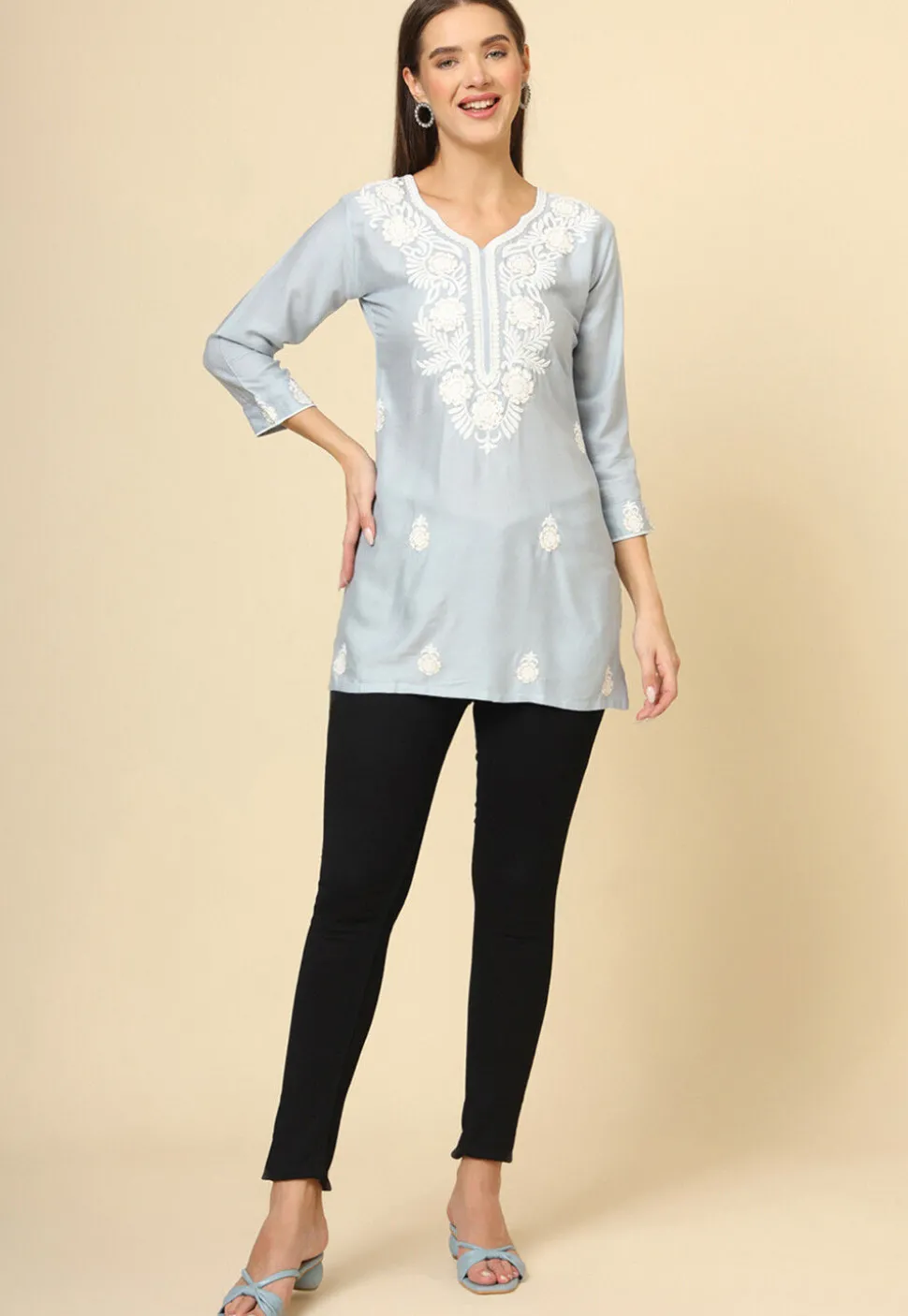 Embroidered Rayon Kurti in Grey