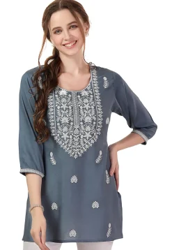 Embroidered Rayon Kurti in Grey