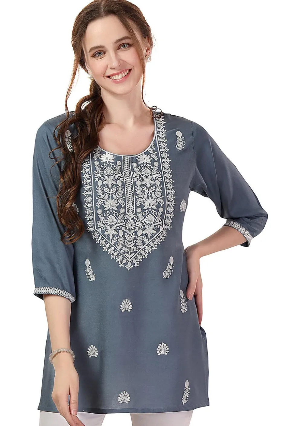 Embroidered Rayon Kurti in Grey