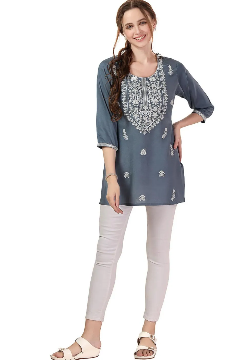Embroidered Rayon Kurti in Grey