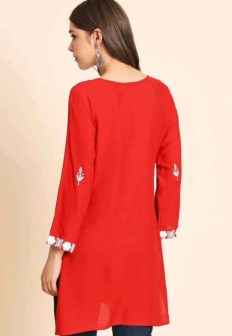 Embroidered Rayon Kurti in Red