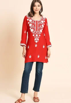Embroidered Rayon Kurti in Red