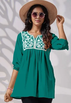 Embroidered Rayon Kurti in Teal Green