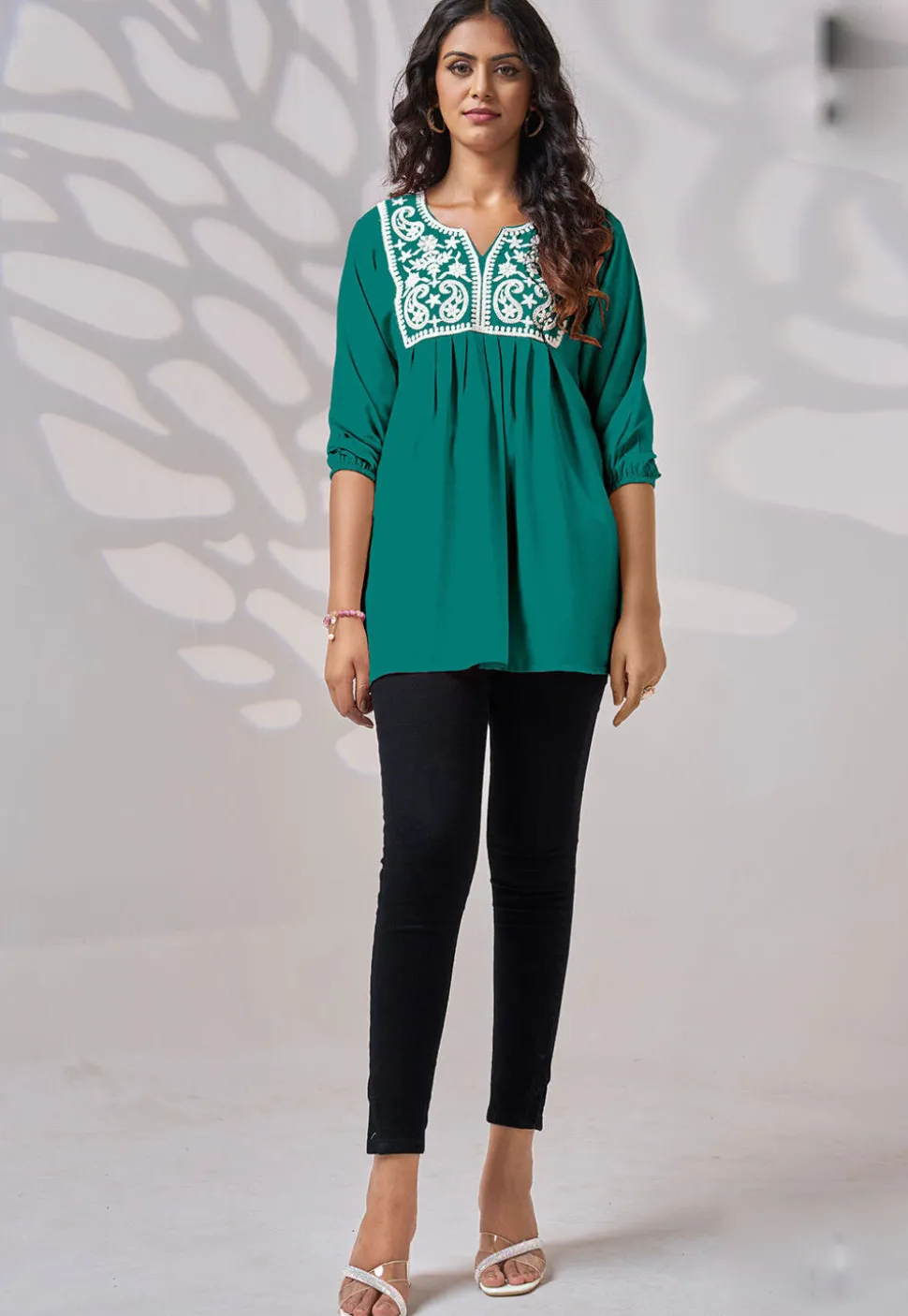 Embroidered Rayon Kurti in Teal Green