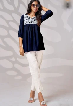 Embroidered Rayon Kurti in Navy Blue