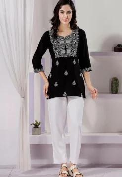 Embroidered Rayon Kurti in Black