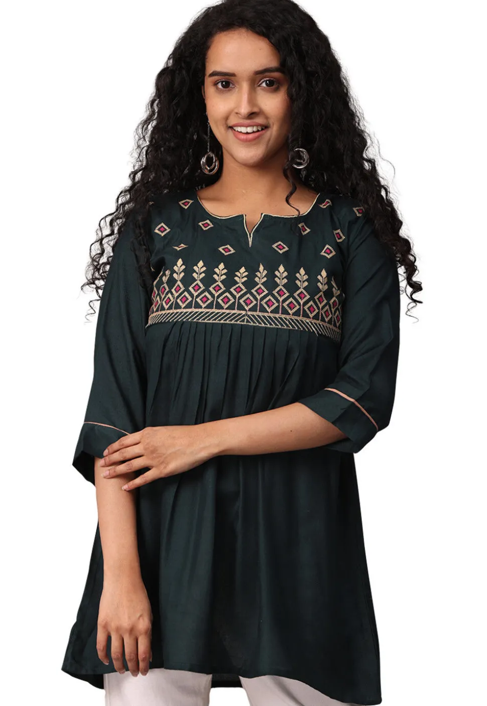 Embroidered Rayon Kurti in Dark Green