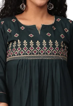 Embroidered Rayon Kurti in Dark Green