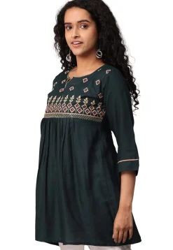 Embroidered Rayon Kurti in Dark Green