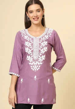 Embroidered Rayon Kurti in Purple