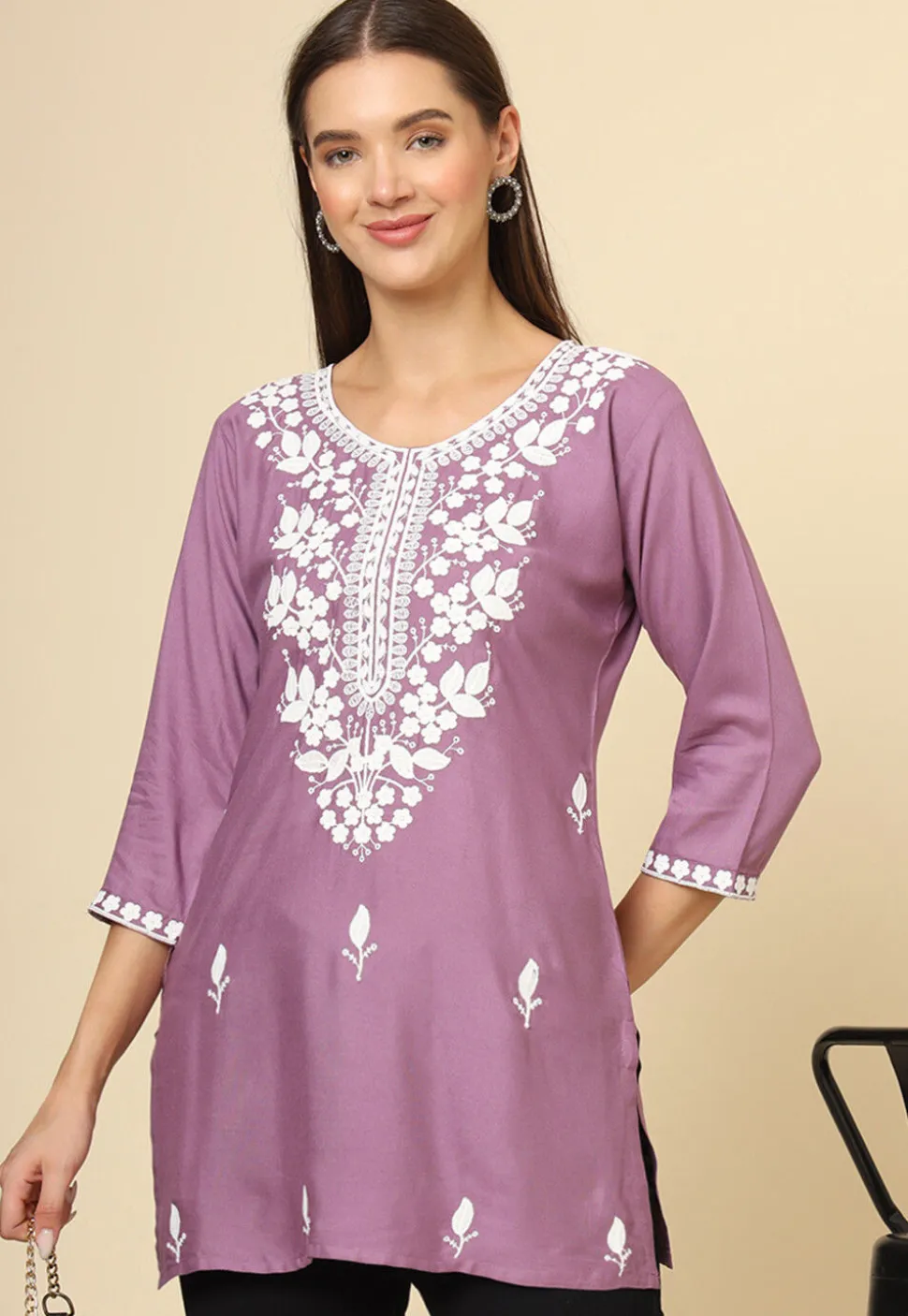 Embroidered Rayon Kurti in Purple