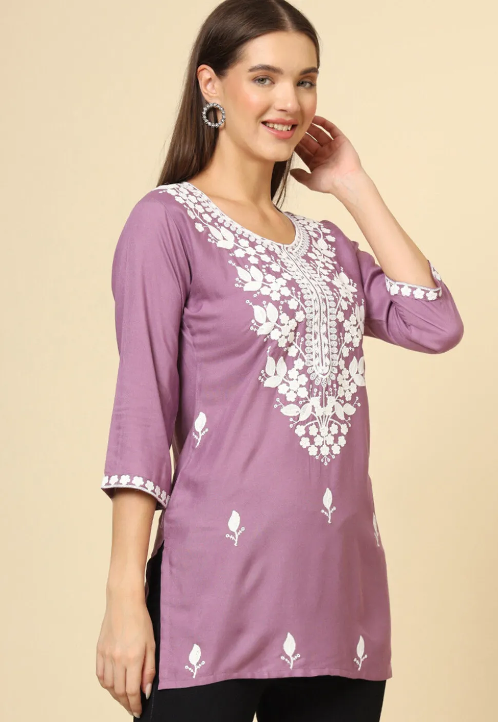 Embroidered Rayon Kurti in Purple