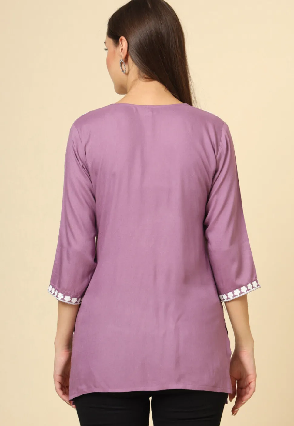 Embroidered Rayon Kurti in Purple