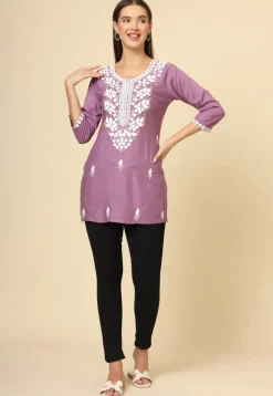Embroidered Rayon Kurti in Purple
