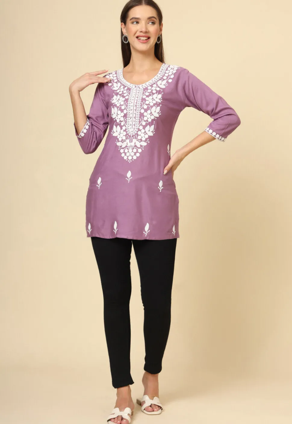 Embroidered Rayon Kurti in Purple